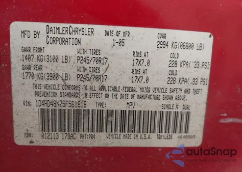 2005 Dodge Durango Slt from USA, damaged, VIN 1D4HD48N75F561818